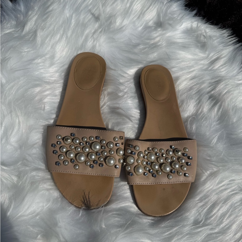 Michael Kors Tan Pearl Embellished Sandals